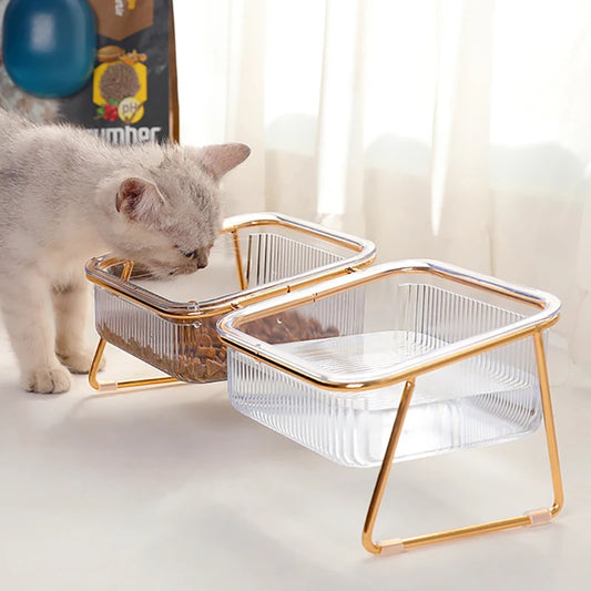 Gamelle Double Élevée pour Chat – Bols Transparents avec Support Doré